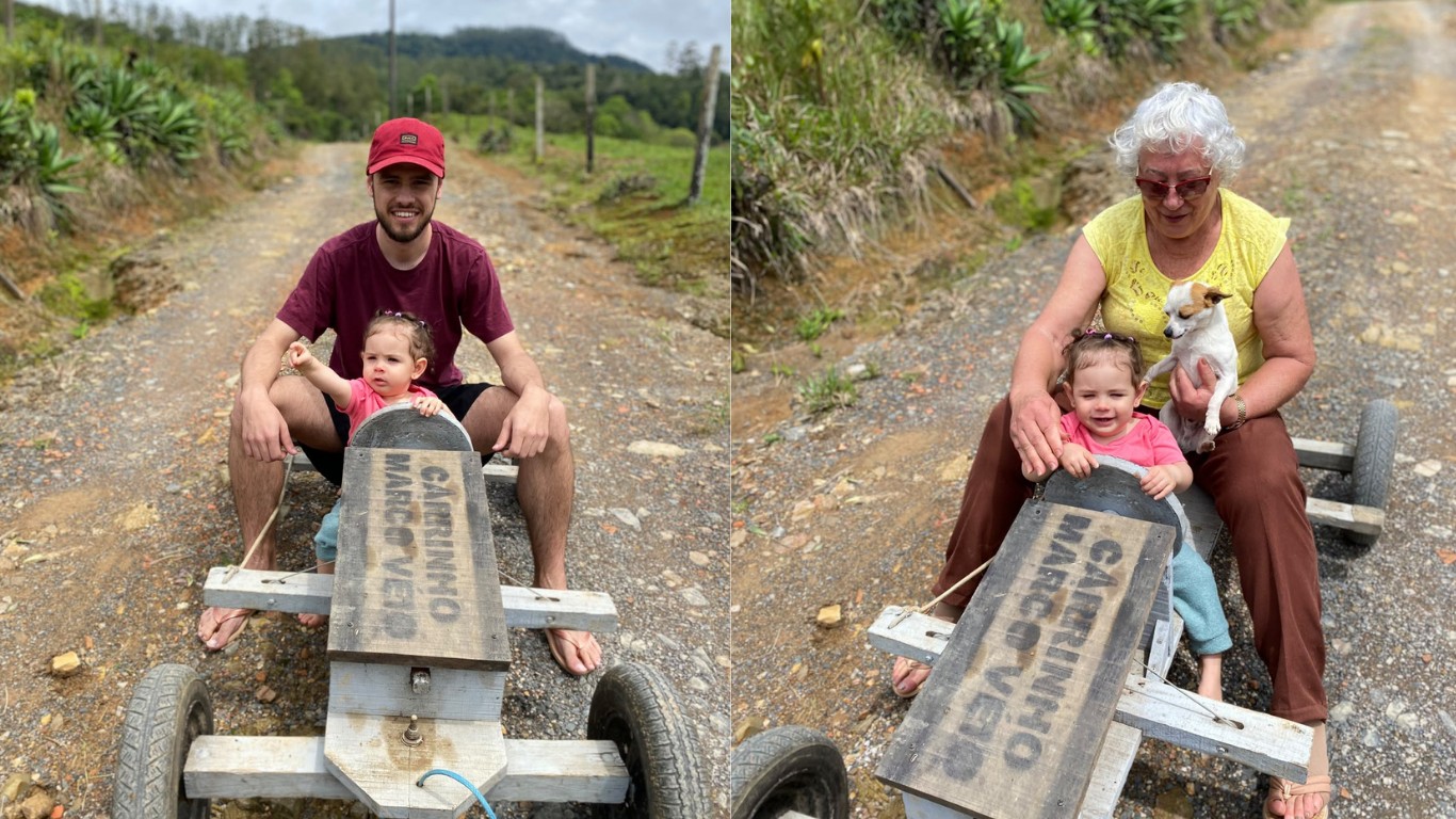 Marcos Martinelli em carrinho de madeira com a filha Heloísa e a avó Salvelina