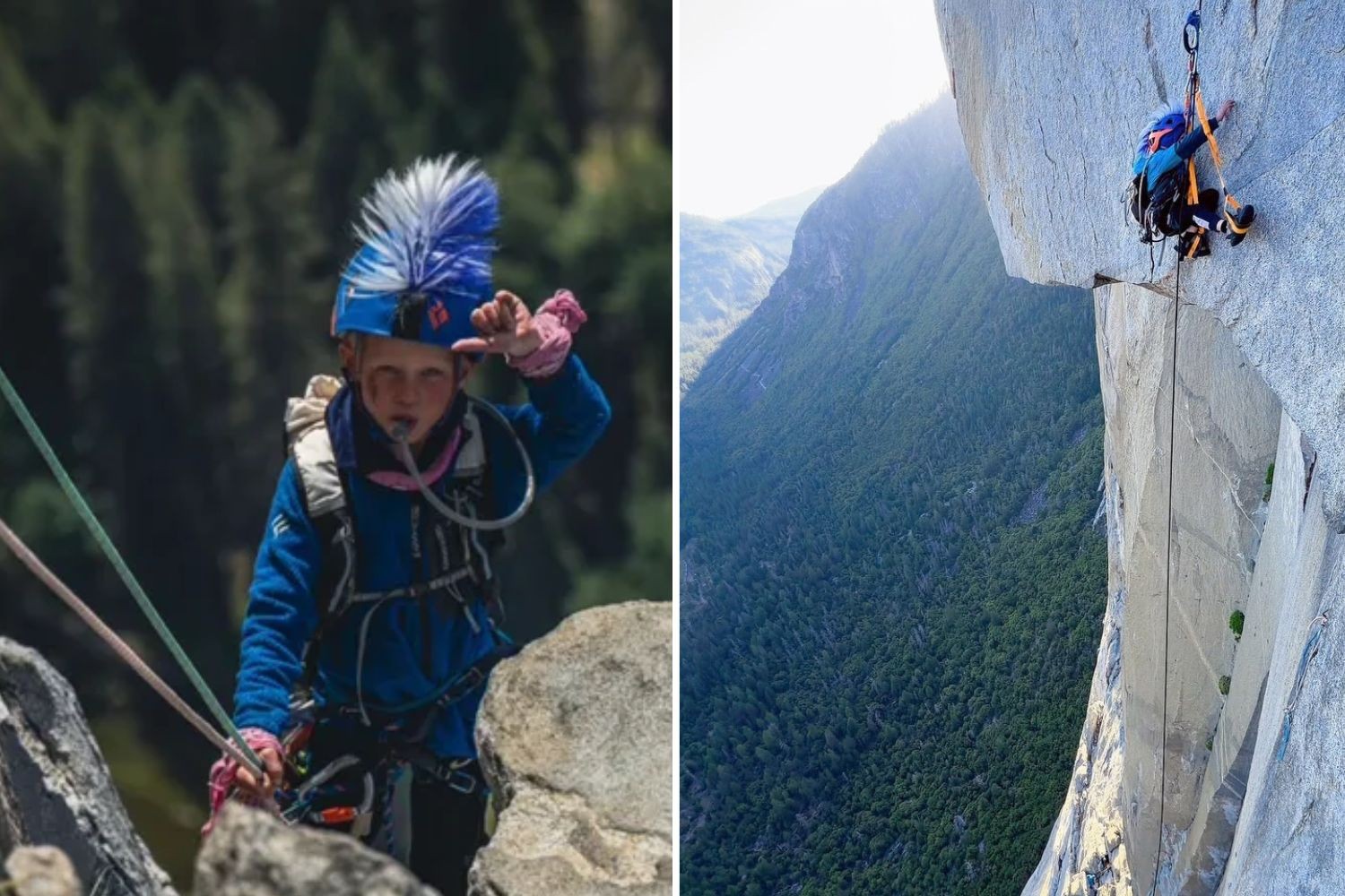 Joe Evermore e o filho Joey durante escalada no El Capitan