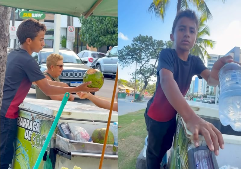 Lucas, de 12 anos, trabalha na barraca da família na praia de Pajuçara