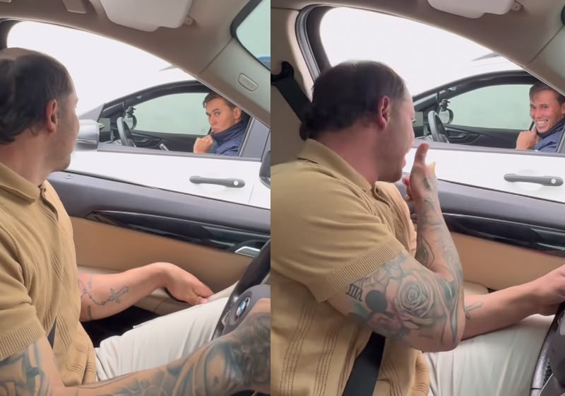 Rodrigo Elesbão canta pela janela do carro durante interação no trânsito