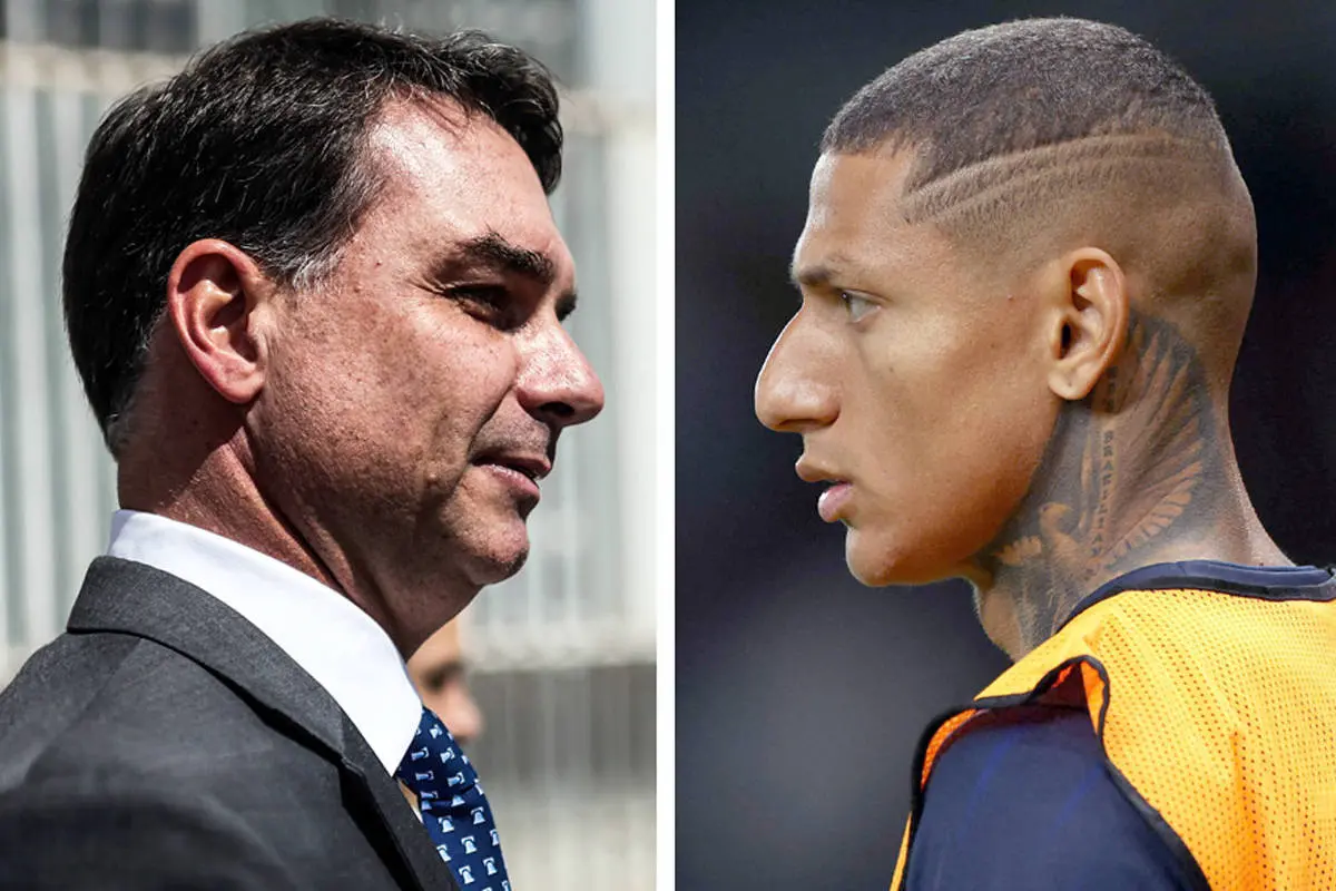 Flávio Bolsonaro e Richarlison em montagem de retratos