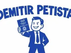 Ilustração com homem de terno segurando carteira de trabalho e frase sobre demitir petista