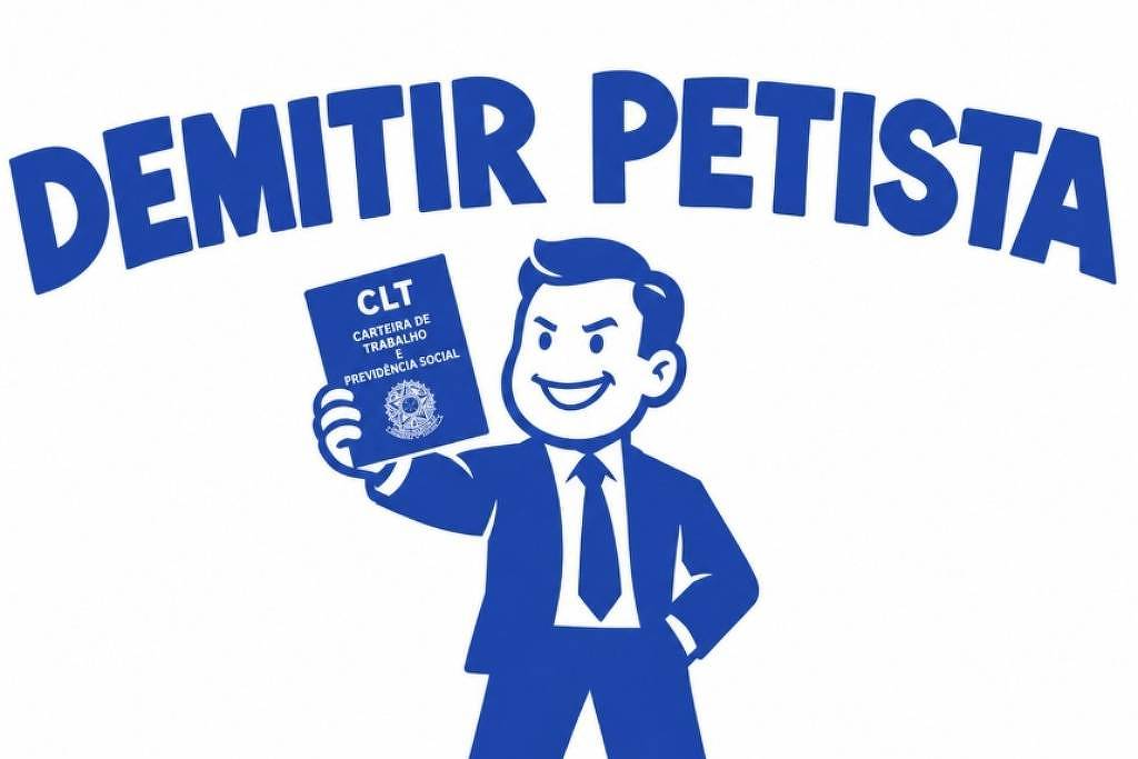 Ilustração com homem de terno segurando carteira de trabalho e frase sobre demitir petista