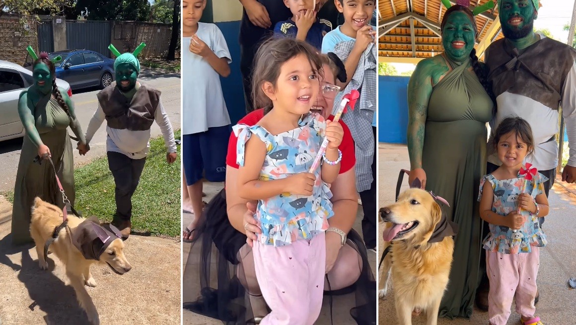 Pais fantasiados de Shrek e Fiona com cachorrinha caracterizada como Burro