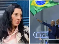 Montagem com a pastora Danielle Barreto e Lula segurando uma bandeira do Brasil
