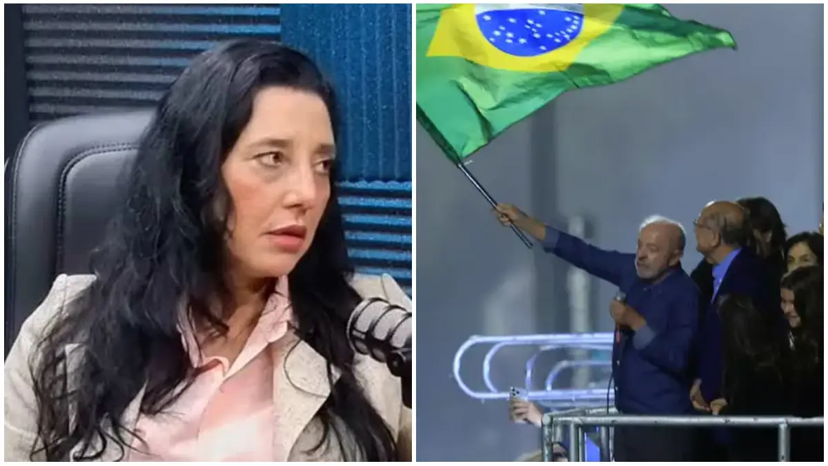Montagem com a pastora Danielle Barreto e Lula segurando uma bandeira do Brasil