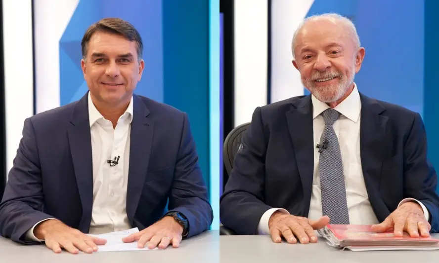 Lula e Flávio Bolsonaro durante sabatina da Globo