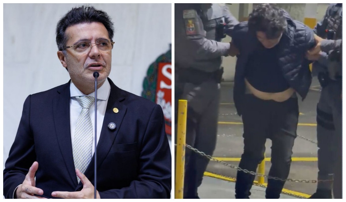 Marcelo Aguiar amparado por policiais militares após confusão em casa noturna