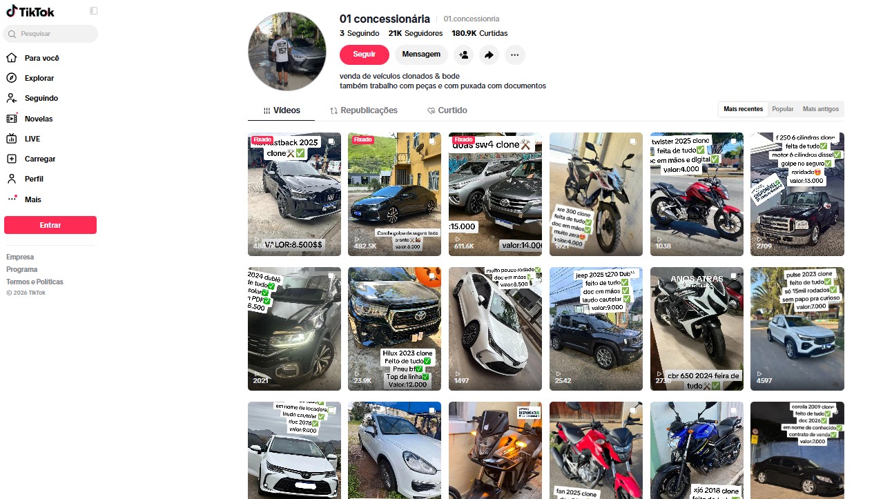 Anúncio de carros clonados em perfil do TikTok