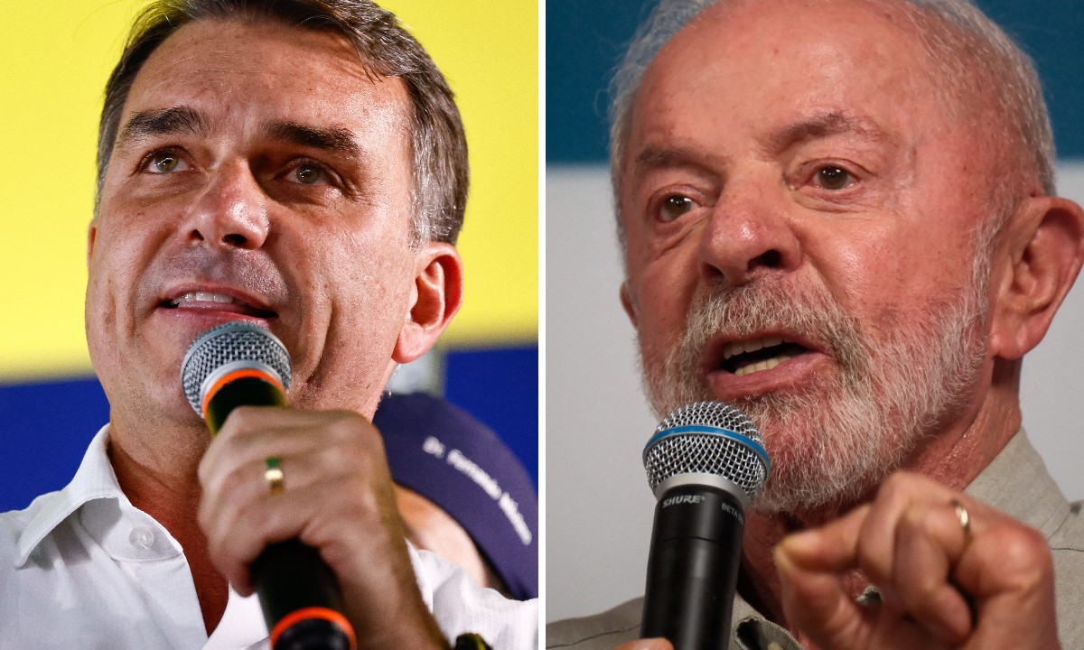 Flávio Bolsonaro e Lula em montagem com retratos dos candidatos