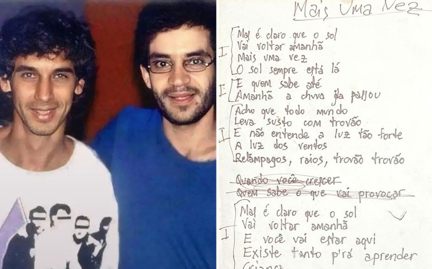 Flávio Venturini e Renato Russo nos anos 1980 ao lado do manuscrito de Mais uma vez