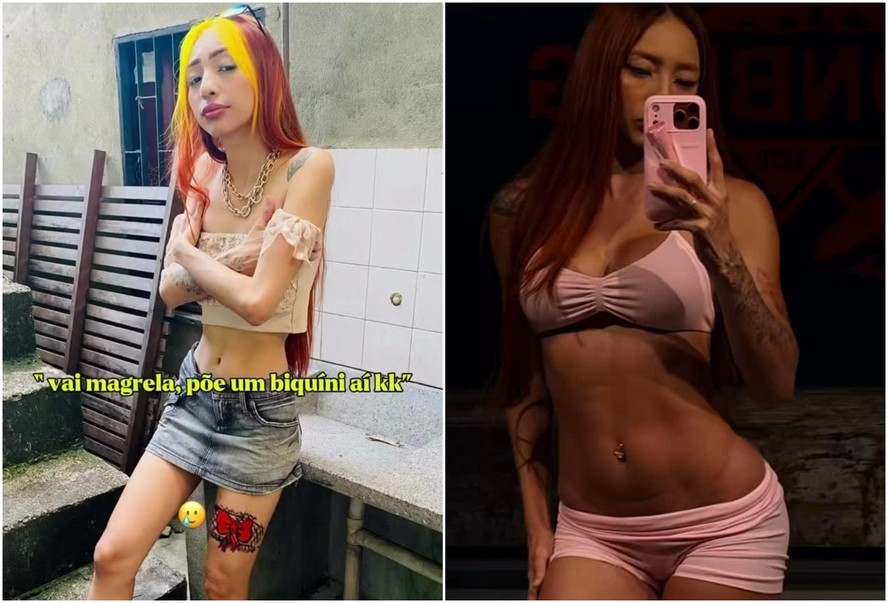 Ruivinha de Marte usa top e microshort rosa em selfie