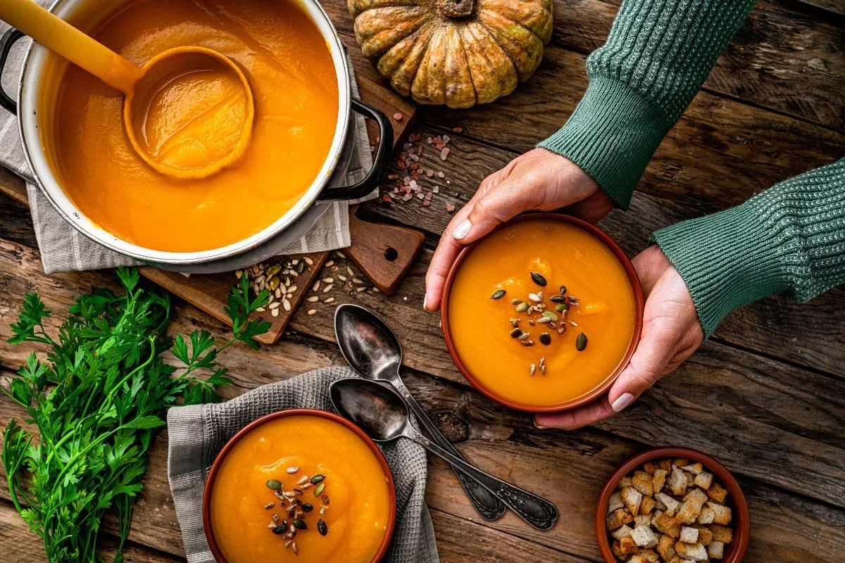 Sopa de abóbora cremosa em tigela