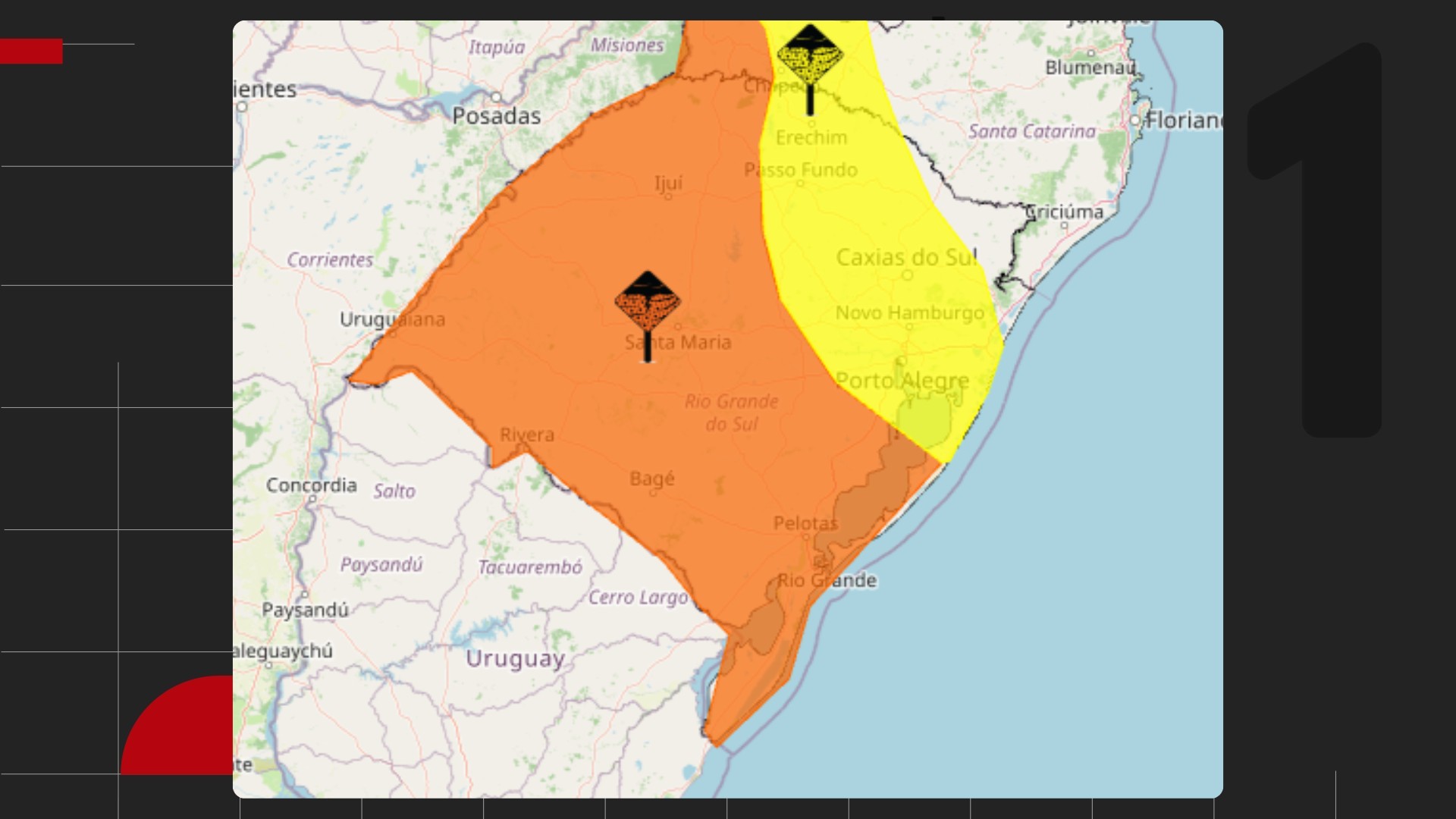Mapa de previsão de tempestades no Rio Grande do Sul