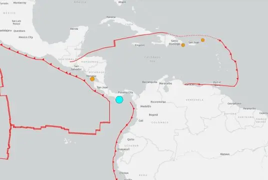 Mapa sobre terremoto de magnitude 7,6 no Panamá