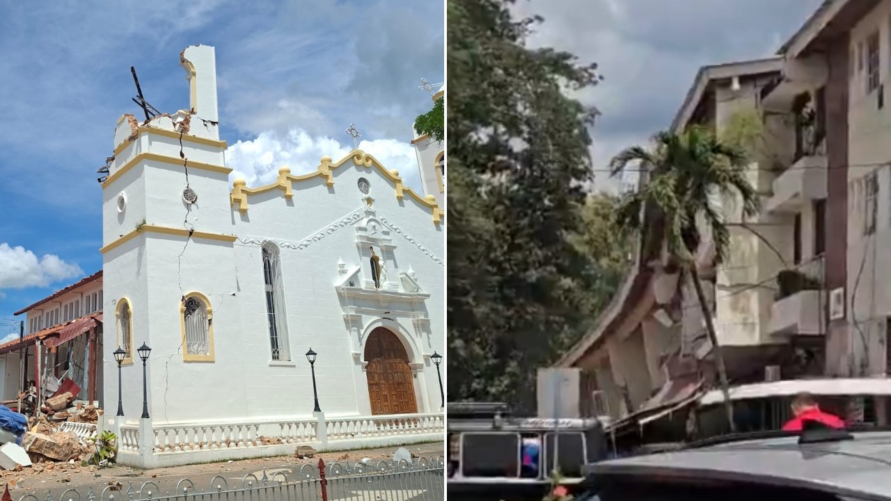 Hotel e Catedral San Juan Bautista danificados em Penonomé, no Panamá
