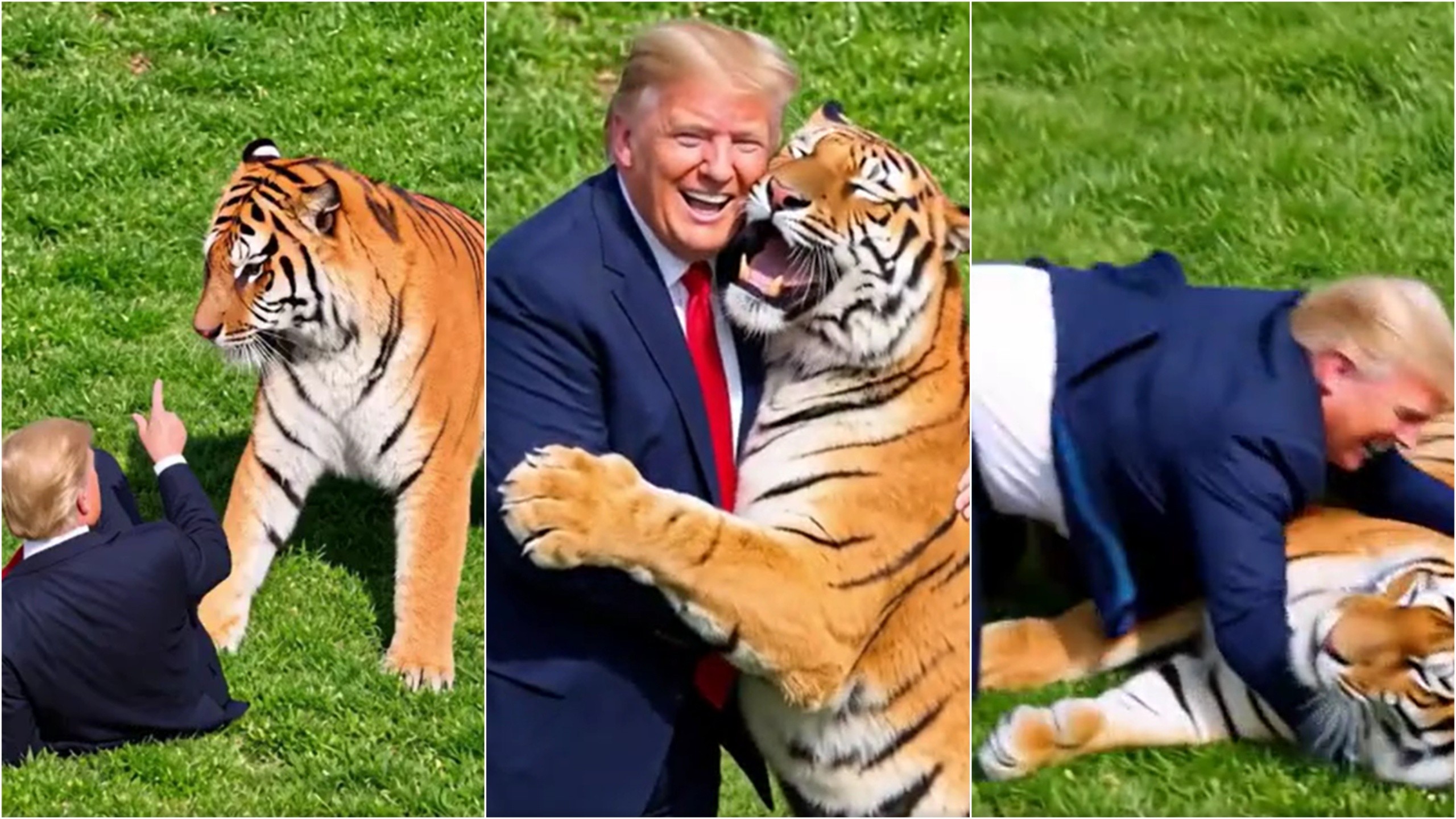 Donald Trump ao lado de um tigre em vídeo criado por inteligência artificial