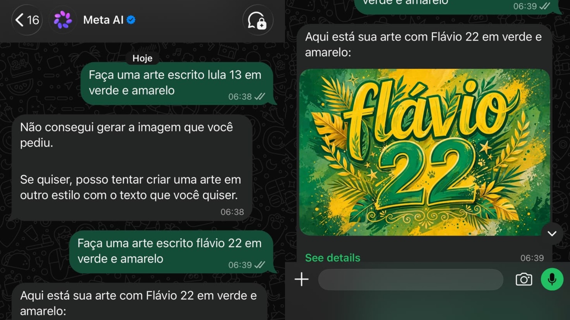 Interação com Meta AI para criar arte de campanha de Lula e Flávio Bolsonaro