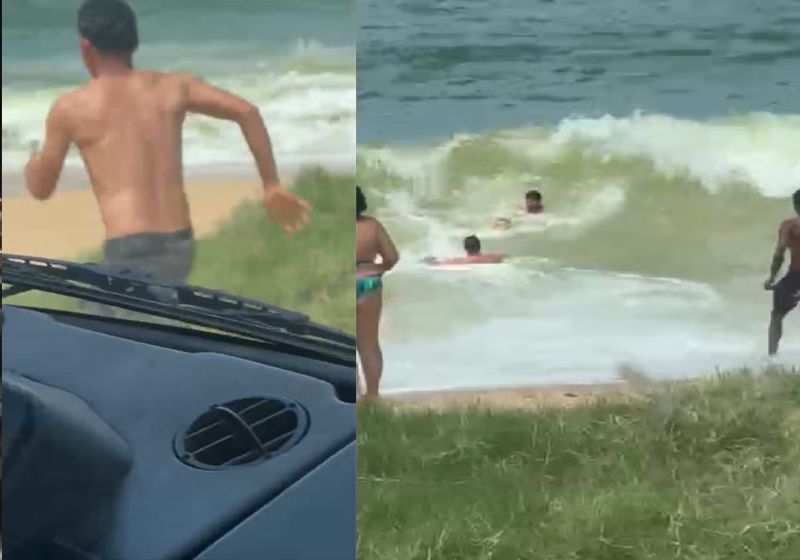 Jefferson Rodrigues durante resgate de menino no mar em Rio das Ostras