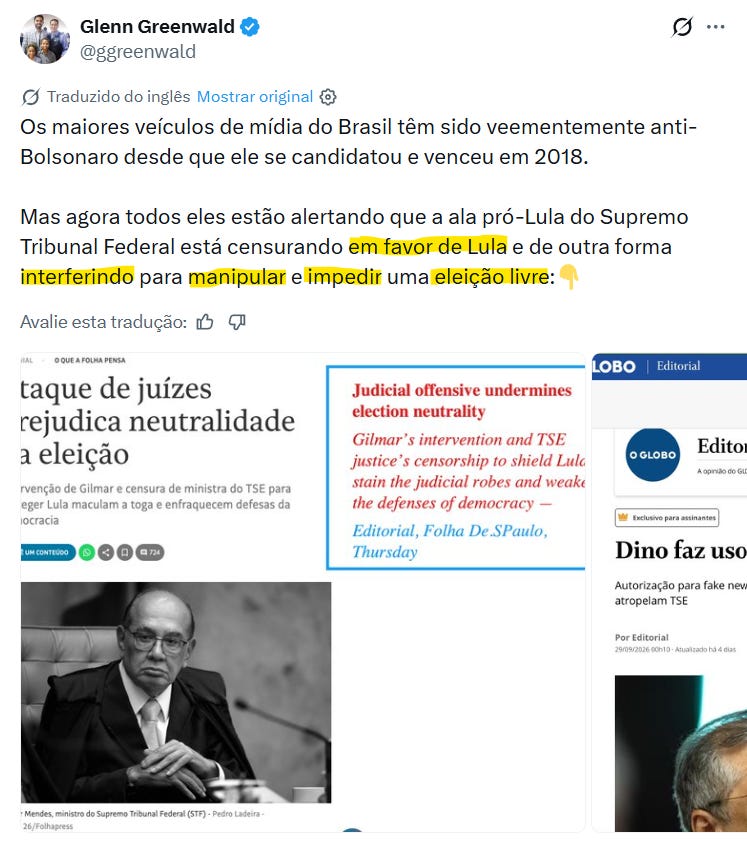 Publicação de Glenn Greenwald em inglês no X